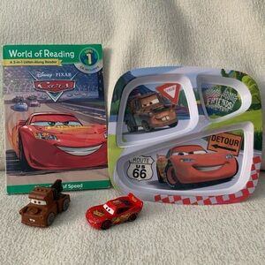 Disney Pixar Cars plate book & Lightning McQueen Mater toys bundle